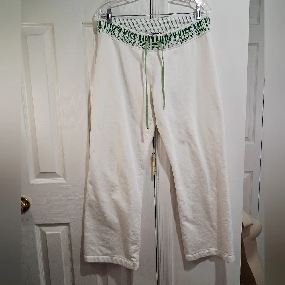 Juicy Couture White Cotton Pants with Green Accents Size Large